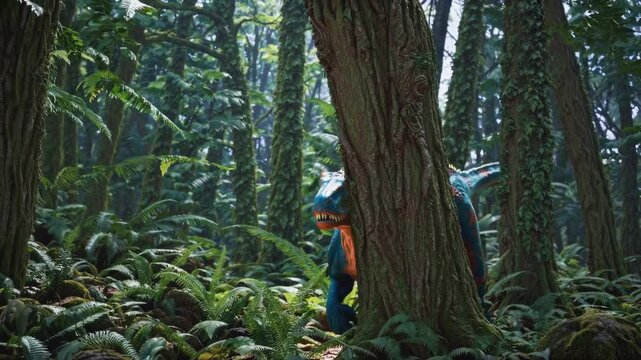 Predatory carnotaurus patrols ancient terrain. Massive blue and orange beast navigates between towering trees in primordial wilderness. Steady wide shot.