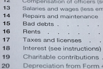Obraz premium A financial statement showing business expense categories such as wages, rents, taxes, and depreciation for tax or accounting use.
