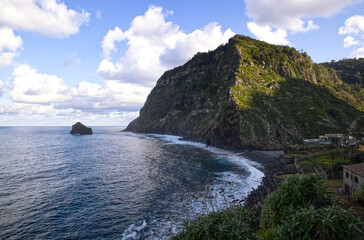 Beautiful rocks in Ponta de São Lourenço in Madeira in a summer day with blue cloudy sky with unique and imposing scenery with panoramic views over north and south sides of the island