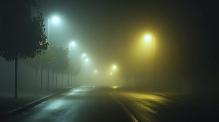 A gloomy night scene with fog and rain, illuminated by multiple glowing street lights.