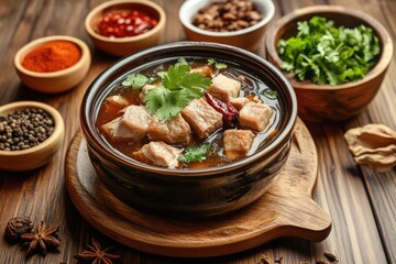 A bowl of chicken soup with various herbs and spices, garnished with fresh cilantro. Comfort food with a touch of flavor.