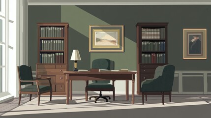 Sunny study, antique furniture, bookshelves, reading