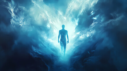 Obraz premium Glowing silhouetted figure in ethereal spiritual aura. Luminous Metaphysical Energy. Illustration