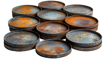 Rustic Metal Trays Vintage Industrial Design, Stacked Round Decor with Aged Iron Texture, isolated on transparent background.