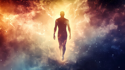 Naklejka premium Glowing silhouetted figure in ethereal spiritual aura. Luminous Metaphysical Energy. Illustration