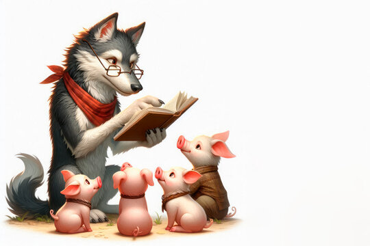A wolf with glasses reads a book to three piglets. Space for text. - Powered by Adobe