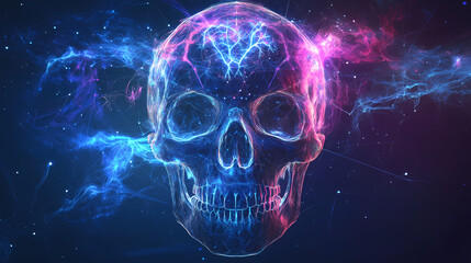 Luminous human consciousness visualization translucent skull with intricate neural networks glowing in deep blues and purples cosmic energy streams. Luminous Metaphysical Energy. Illustration