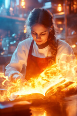 Woman Reading Fiery Book, Industrial Setting, Magic, Stock Photo