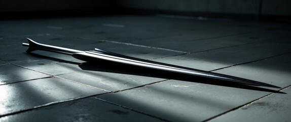 Spear or arrow with metal tip lying on a tiled floor in dramatic lighting.