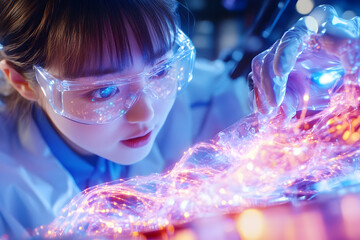 Woman scientist examining glowing fibers in a lab. Possible use science, technology, education