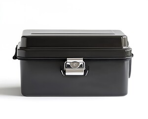 Classic black lunch box with a sleek, minimalist design and silver clasp, front view, white background.