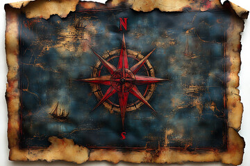 Vintage nautical map with an aged parchment texture, featuring an intricate compass rose and ancient cartographic details. Concept of exploration, adventure, and maritime navigation.

