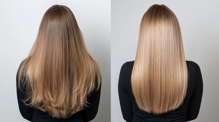 Naklejka premium Transforming hair from wavy to straight in a stylish salon, before and after