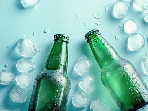 Two bottles of chilled lager placed on ice, ideal for summer refreshment.