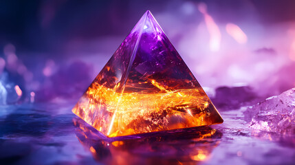 Pyramid-shaped crystal glowing orange purple color is placed aur. Luminous Metaphysical Energy. Illustration