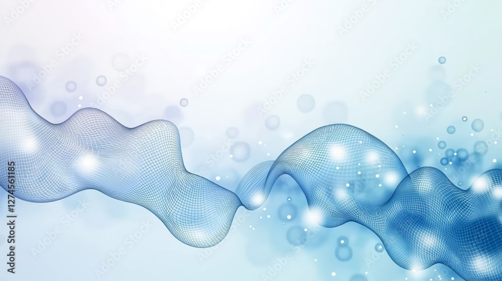 Poster Abstract blue flowing wave structure with glowing particles, symbolizing data, energy, and digital transformation, Generative AI