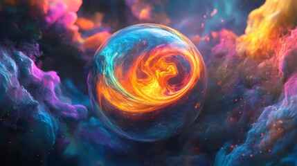 Radiant cosmic orb pulsing with intense energy swirls glowing with luminous brilliance within a vast colorful nebula expanse. Luminous Metaphysical Energy. Illustration
