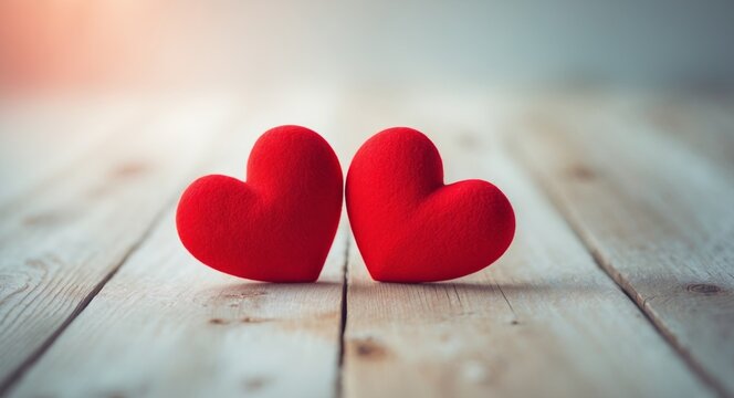Two Red Hearts on Light Wooden Surface for Valentine's Day Decoration or Sale Promotions
