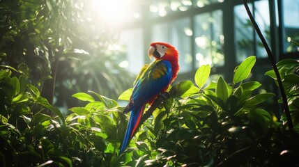 Vibrant parrot perched amidst lush greenery inside a sunlit conservatory