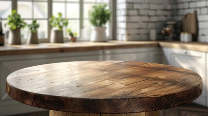 Fototapeta premium Clean kitchen interior with a round wood countertop, perfect for product montages or banners