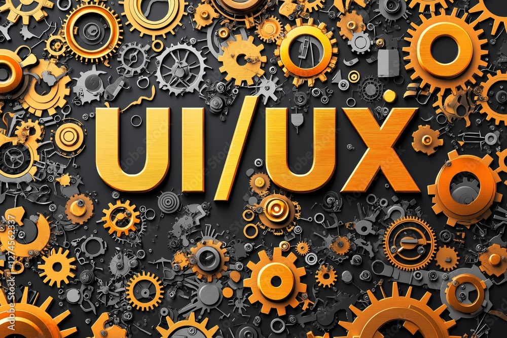 Poster Abstract UI/UX design concept with bright yellow gears, symbolizing interaction, development, and user-centered design, Generative AI