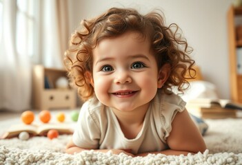 Fototapeta premium Photorealistic portrait of a happy 3-year-old female toddler