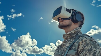 Modern soldier wearing a VR headset, looking up at the sky, symbolizing futuristic military technology and digital warfare, Generative AI