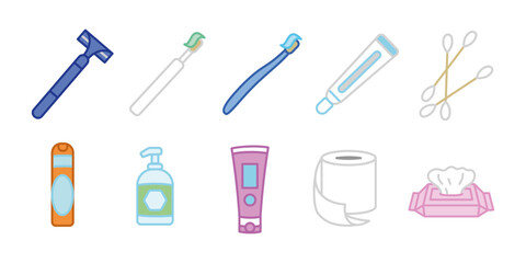 Hygiene icon set colored. Personal care and grooming vector illustration. Bathroom essentials concept. Toothbrush, razor and soap symbols. Skincare and dental sanitation colorful representation.