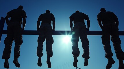 Silhouetted soldiers performing physical training on bars, demonstrating strength, endurance, and teamwork under the sun, Generative AI