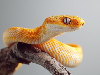 Fototapeta premium A live cobra snake with bright yellow skin, sitting on a branch.