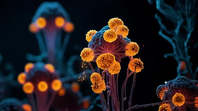 Molecules of Candida auris fungal infect. Exploration of Vibrant Microscopic Life in a Surreal, Neon World Teeming With Colorful Fungal Organisms