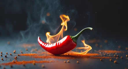 Plexiglas schilderij Hete pepers fiery red chili pepper with flames and spices in dark ambiance  © Den Boro Day