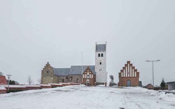 Winter landscape of Vester Hassing Kirke. Vodskov, Aalborg, Nordjylland, Denmark