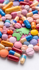 World map surrounded by various pills and capsules