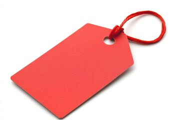 Fototapeta premium A vibrant red tag featuring a smooth surface and a secure tie perfect for labeling items and enhancing organization Isolated on white background