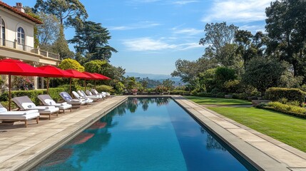 Fototapeta premium Luxurious Estate Poolside Relaxation With Mountain View