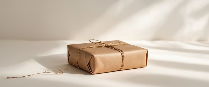 Brown Paper Package with Gold Twine Mockup.