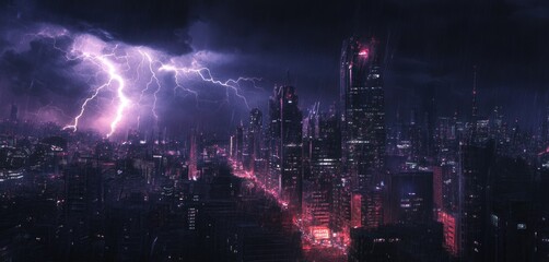 Obraz premium Night City Thunderstorm: A Futuristic Metropolis Under a Violent Storm