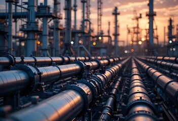 Large industrial area multiple pipes valves are arranged district heating