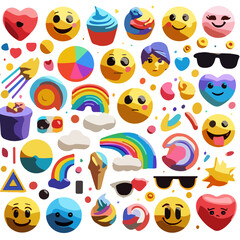 Variety of colorful smiley faces and playful icons in cheerful design for fun graphics