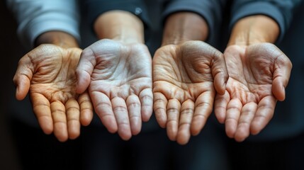 Four Outstretched Hands with Palms Up Close-Up (Gestures, Emotions, Support)