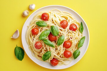 A fresh and flavorful penne pasta dish with cherry tomatoes, basil leaves, and a touch of garlic. This classic Italian dish is perfect for a quick and delicious meal.