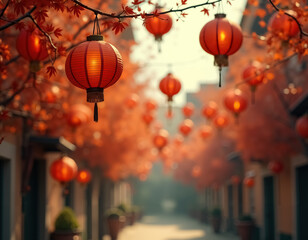 Vibrant Colorful Lanterns and Autumn Foliage Celebrating Dia de Muertos Festival