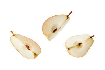 Sliced pear pieces floating in the air isolated on transparent background
