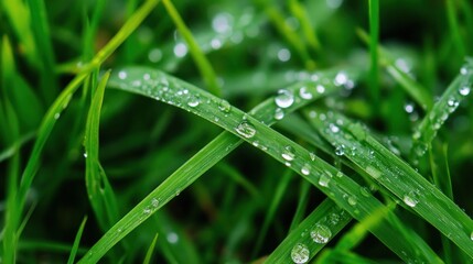 Dewdrops on Lush Green Grass: A Close-Up of Nature's Beauty