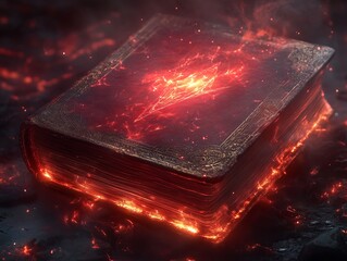 A magical, ancient book with secret letters and signs, on an old, massive wooden table, exudes a strange, fascinating energy. Black magic, sorcery, magic, concept. Generative Ai