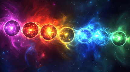 Fototapeta premium Chakra energy balls on black background with bright plasma, energy, chakras, meditation, aura, healing, spiritual, vibrant. Luminous Metaphysical Energy. Illustration