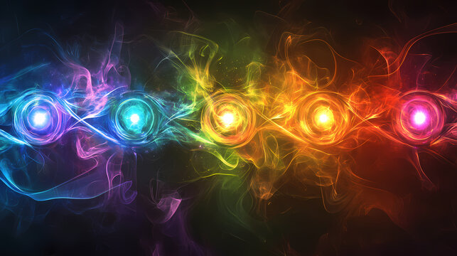 Chakra energy balls on black background with bright plasma, energy, chakras, meditation, aura, healing, spiritual, vibrant. Luminous Metaphysical Energy. Illustration