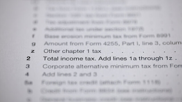 Tax Form: Income Tax Calculation. A close-up view of a tax document showing the calculation of total income tax, involving adding lines 1a through 1z.