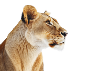 Lioness looking confidently into the distance with her head turned to the side isolated on transparent background